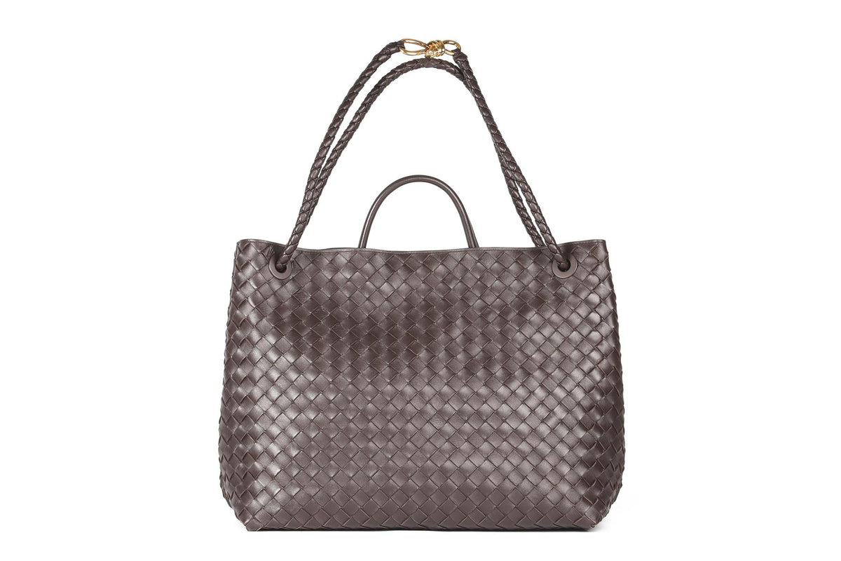 BOTTEGA VENETA BROWN ANDIAMO LARGE INTRECCIATO LEATHER TOTE BAG