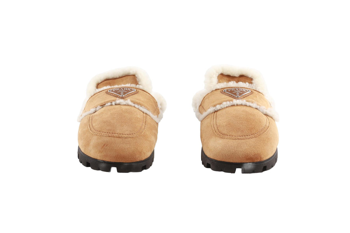 PRADA TAN SHEARLING AND SUEDE MULES EU 38 UK 5 US 8