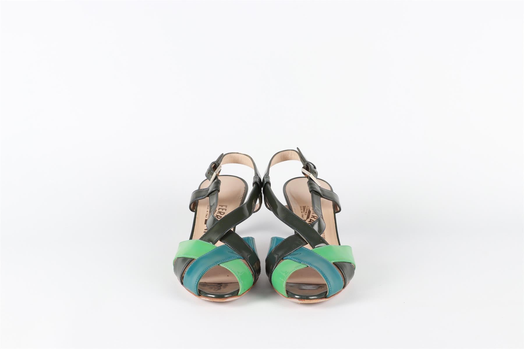 SALVATORE FERRAGAMO GREEN PATENT LEATHER SANDALS EU 37 UK 4 US 7