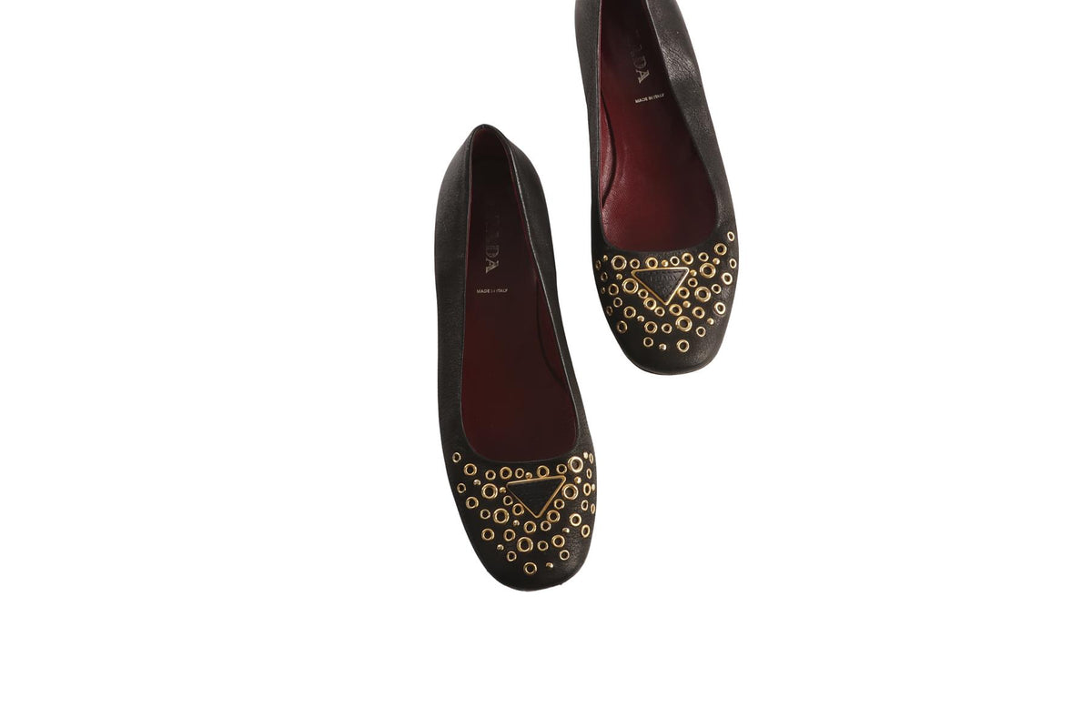 PRADA BLACK LEATHER BALLET FLATS EU 37.5 UK 4.5 US 7.5