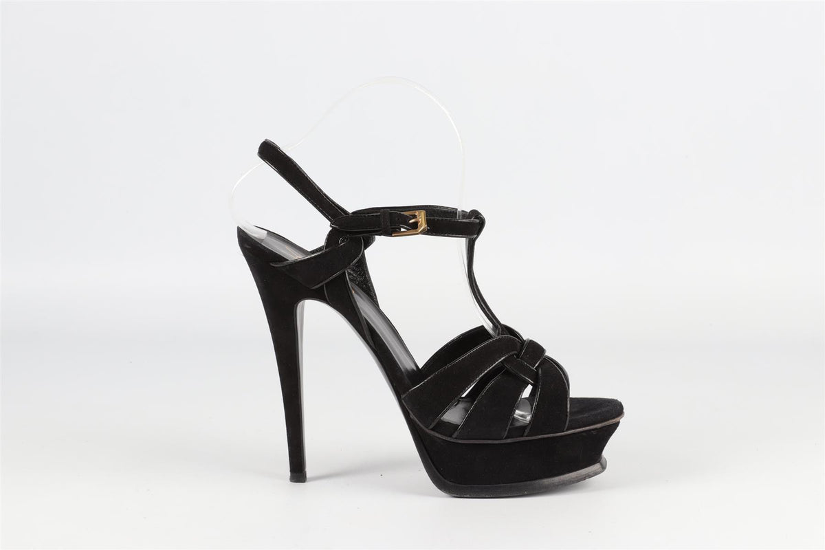 SAINT LAURENT BLACK TRIBUTE SUEDE PLATFORM SANDALS EU 38.5 UK 5.5 US 8.5