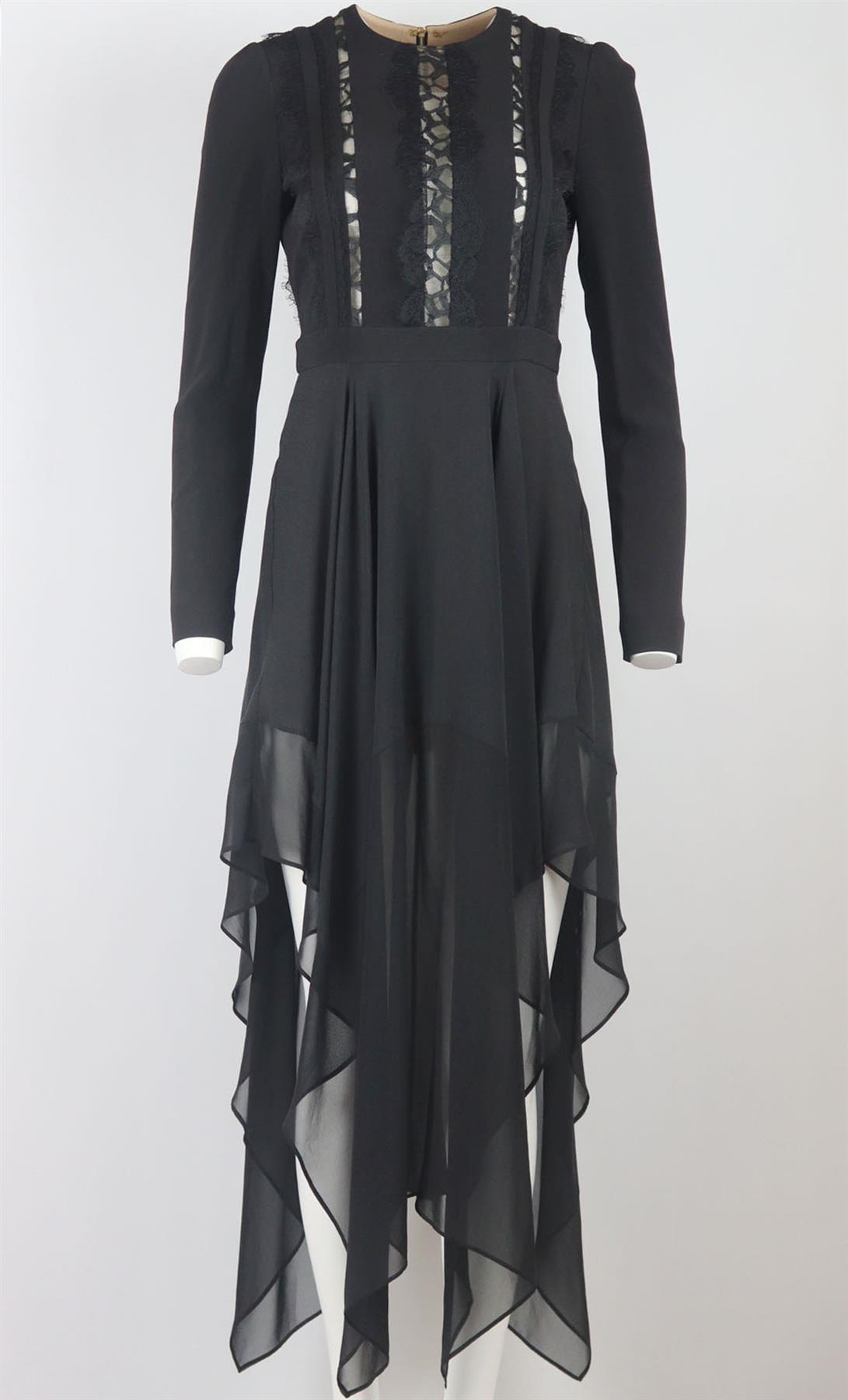 ELIE SAAB ASYMMETRIC LACE TRIMMED SILK BLEND MIDI DRESS FR 38 UK 10