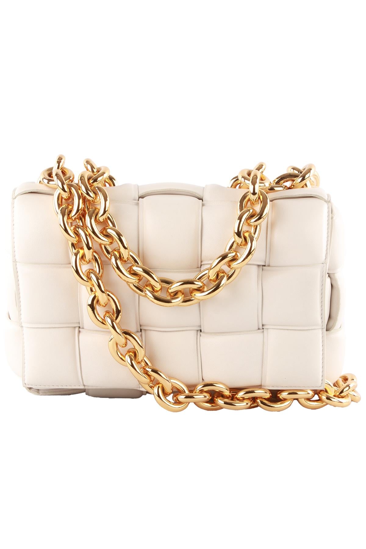 BOTTEGA VENETA ECRU THE CHAIN CASSETTE INTRECCIATO LEATHER SHOULDER BAG