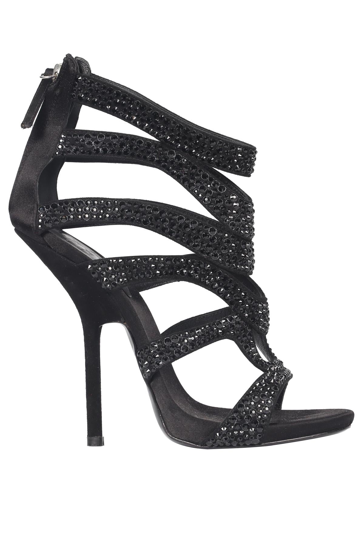 GIUSEPPE ZANOTTI BLACK CRYSTAL AND SATIN SANDALS EU 37.5 UK 4.5 US 7.5