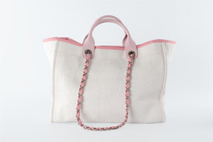 CHANEL WHITE 2015 - 2016 DEAUVILLE MEDIUM FABRIC TOTE BAG (COMES WITH AUTHENTICITY CARD)