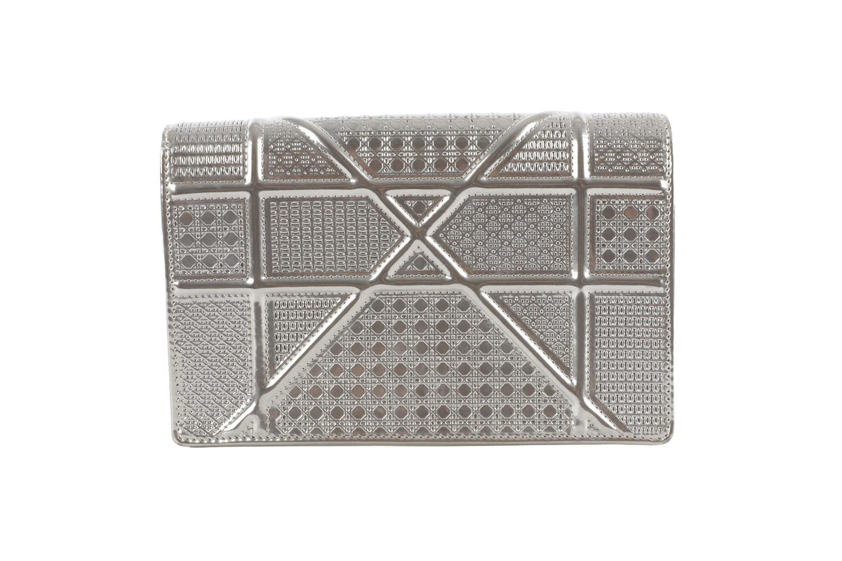 CHRISTIAN DIOR SILVER DIORAMA WALLET ON CHAIN MICROCANNAGE LEATHER CROSSBODY BAG