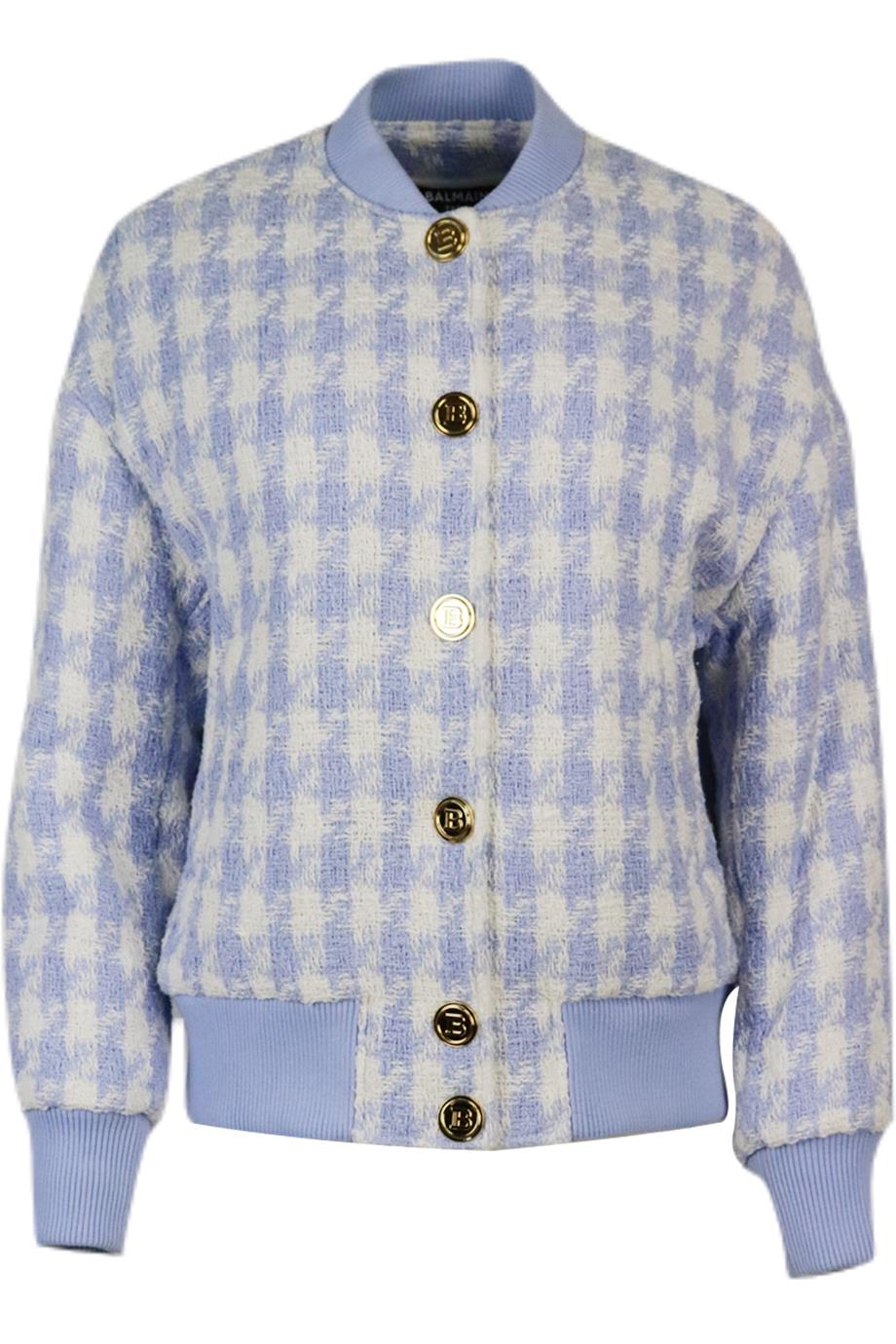 BALMAIN HOUNDSTOOTH COTTON BLEND TWEED BOMBER JACKET FR 38 UK 10