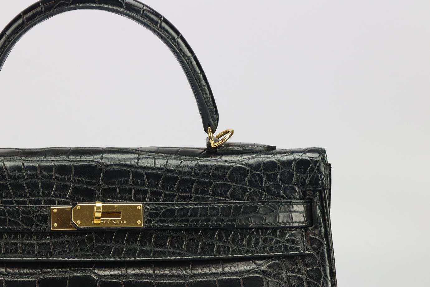 Hermes Kelly Retourne 28 Noir Black Matte Alligator Bag Handbag