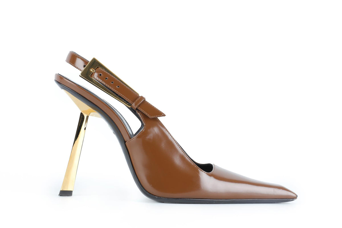 SAINT LAURENT BROWN LEATHER SLINGBACK PUMPS EU 39.5 UK 6.5 US 9.5
