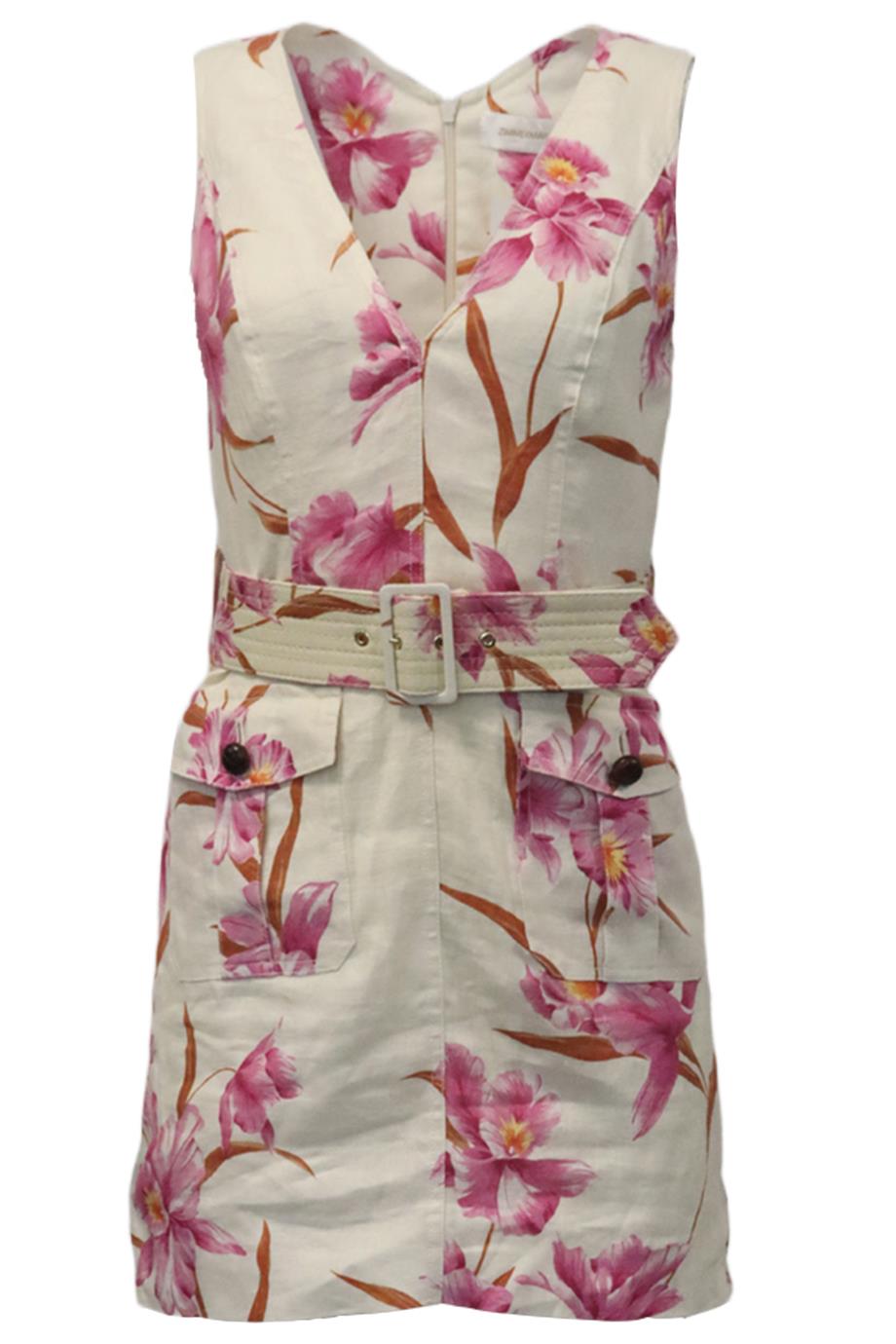 ZIMMERMANN BELTED FLORAL PRINT LINEN MINI DRESS UK 10