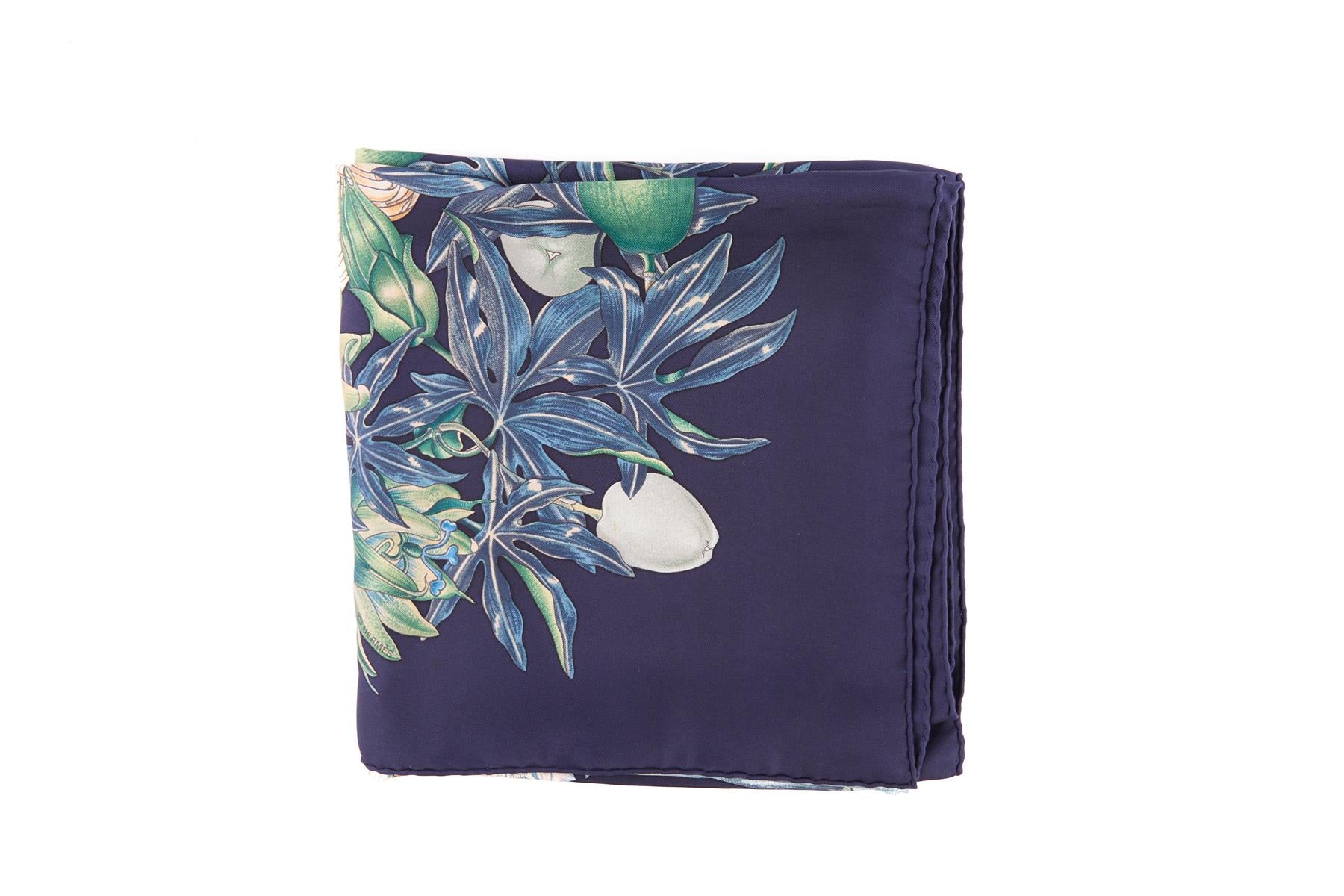 HERMÈS NAVY PASSIFLORES SILK SCARF