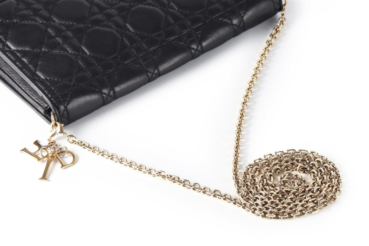 CHRISTIAN DIOR BLACK LADY DIOR WALLET ON CHAIN CANNAGE LEATHER SHOULDER BAG