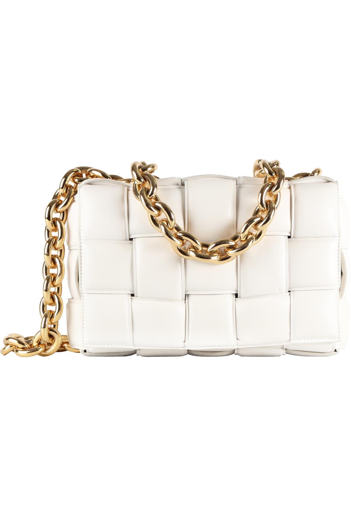 BOTTEGA VENETA WHITE THE CHAIN CASSETTE INTRECCIATO LEATHER SHOULDER BAG