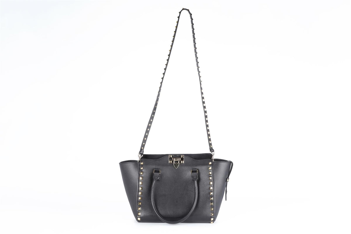 VALENTINO GARAVANI BLACK ROCKSTUD SMALL LEATHER TOTE BAG