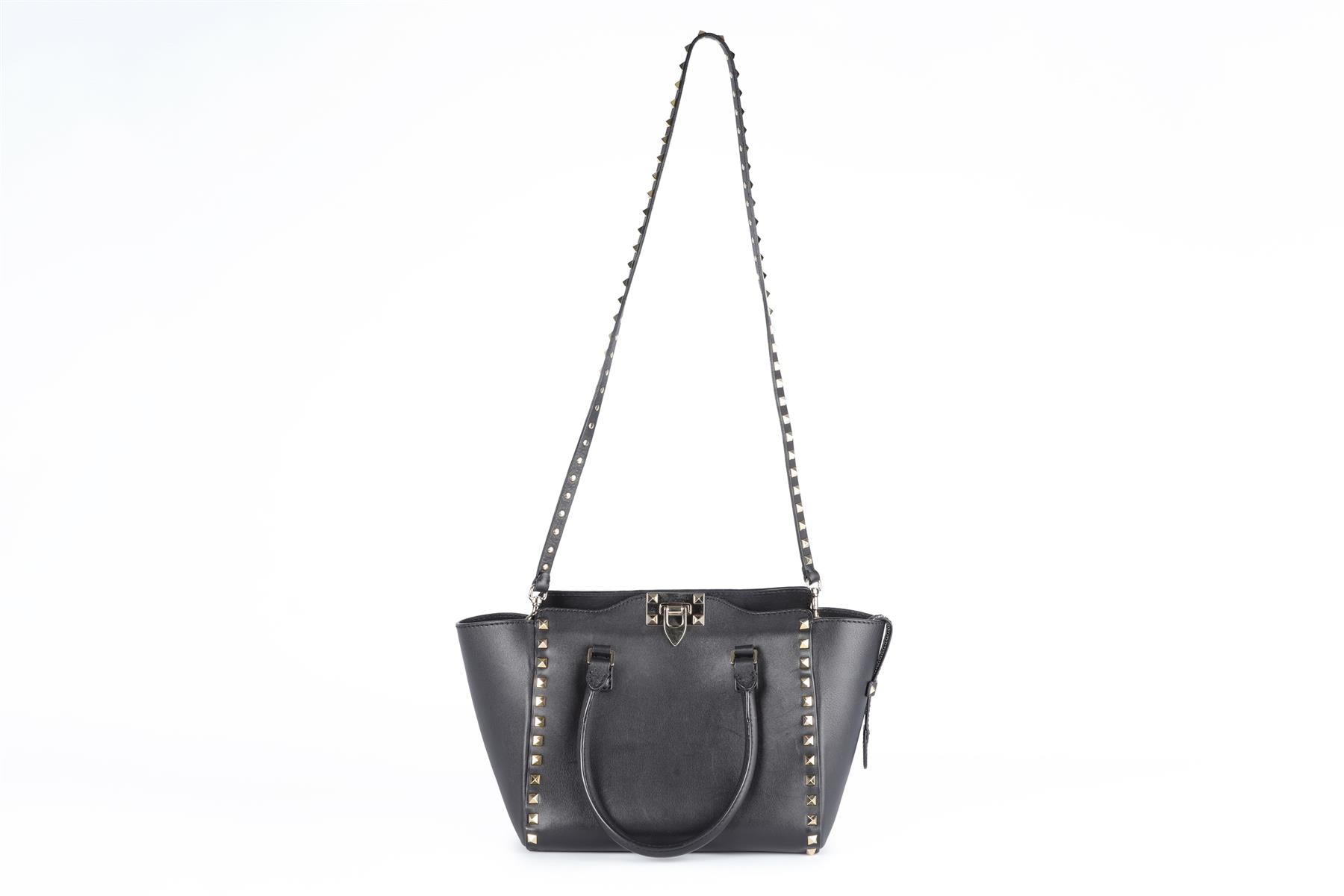 VALENTINO GARAVANI BLACK ROCKSTUD SMALL LEATHER TOTE BAG