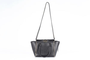 VALENTINO GARAVANI BLACK ROCKSTUD SMALL LEATHER TOTE BAG