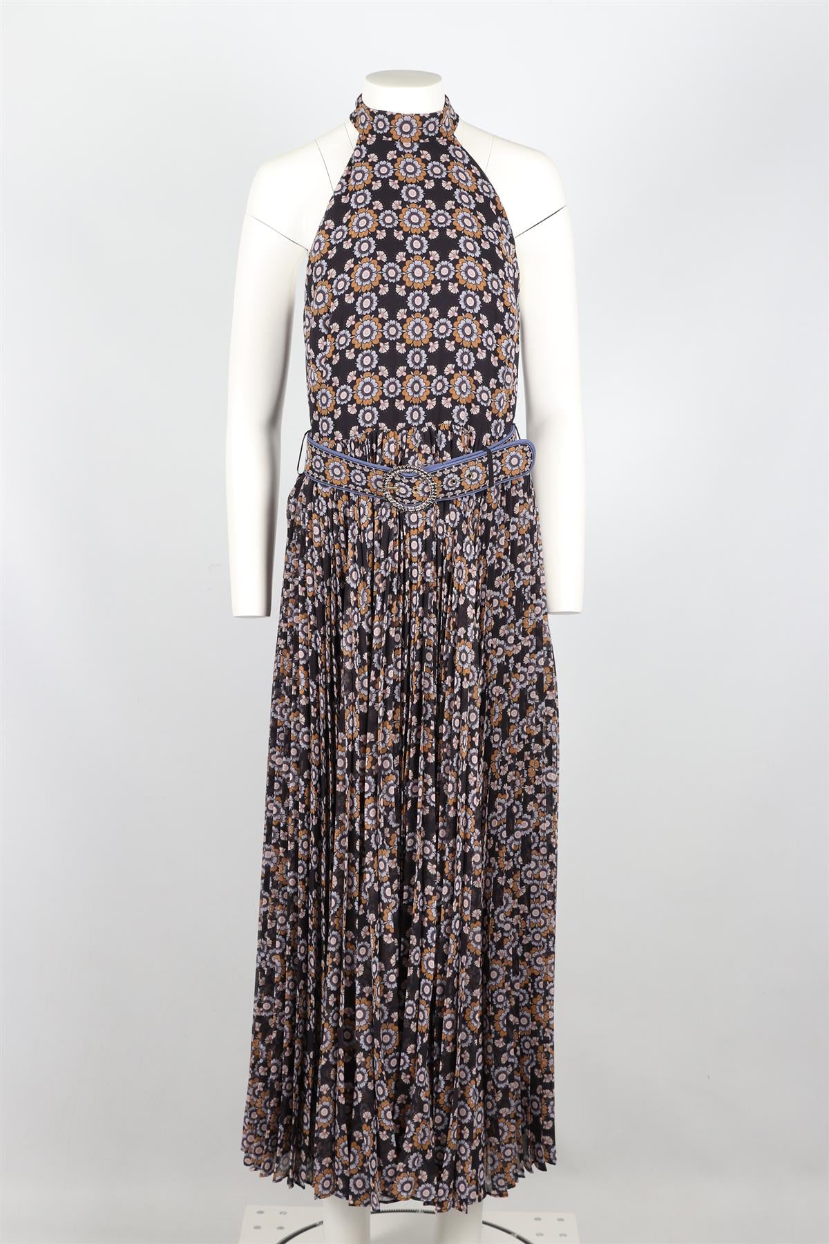 ZIMMERMANN MULTICOLOURED BELTED FLORAL PRINT CREPE MAXI DRESS UK 12