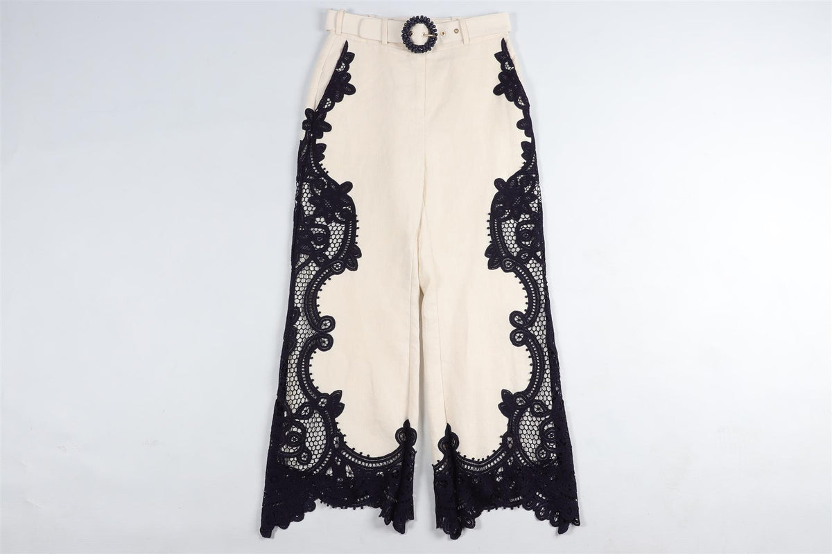 ZIMMERMANN CREAM LINEN WIDE LEG PANTS UK 6