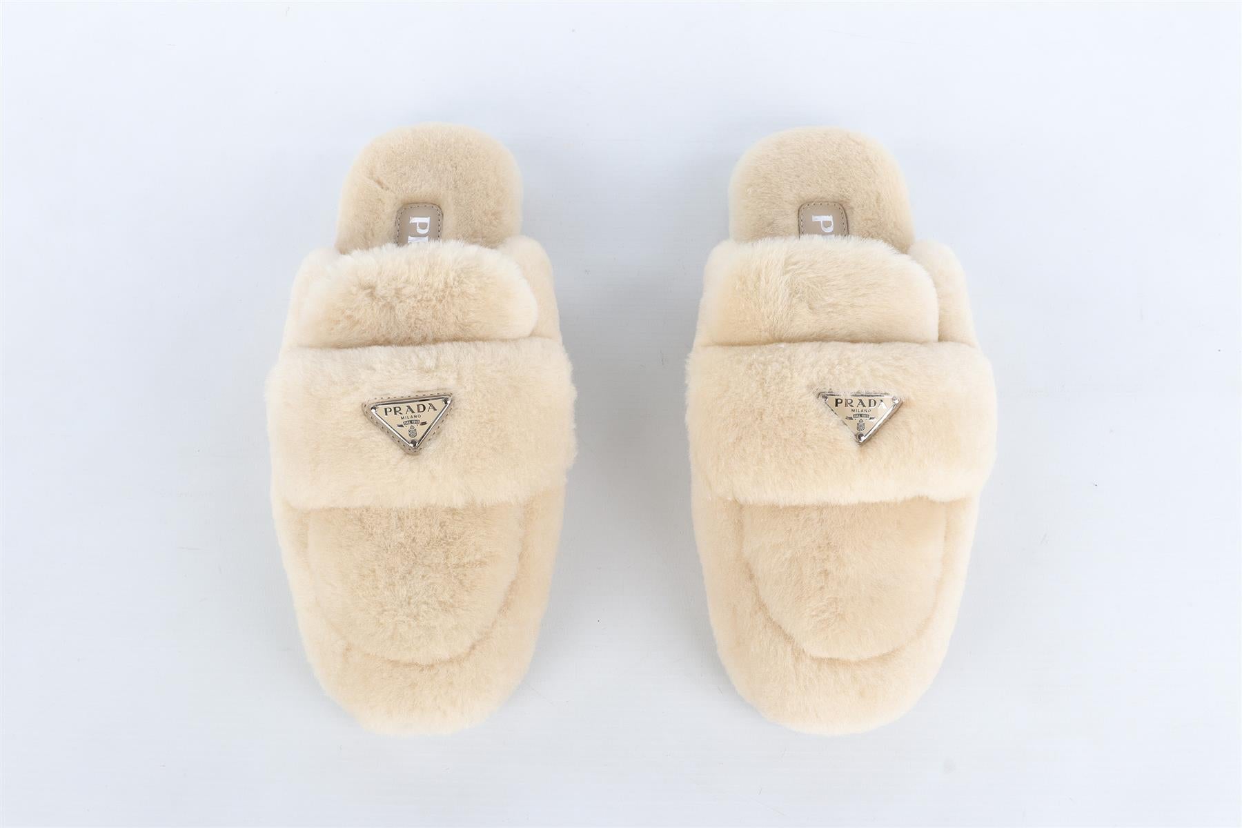 PRADA BEIGE SHEARLING MULES EU 38.5 UK 5.5 US 8.5