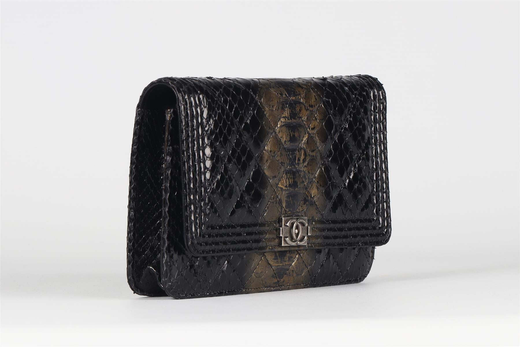 CHANEL BLACK 2014 BOY WALLET ON CHAIN PYTHON SHOULDER BAG