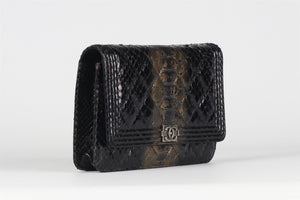 CHANEL BLACK 2014 BOY WALLET ON CHAIN PYTHON SHOULDER BAG