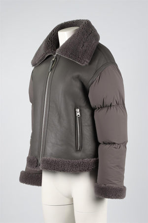 MACKAGE GREY SHEARLING AND QUILTED SHELL DOWN JACKET SMALL