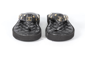 CHANEL BLACK 2023 QUILTED LEATHER THONG SANDALS EU 38 UK 5 US 8