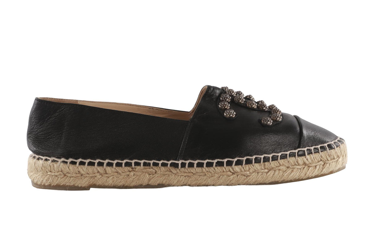 CHANEL BLACK 2015 CC LEATHER ESPADRILLES EU 41 UK 8 US 11