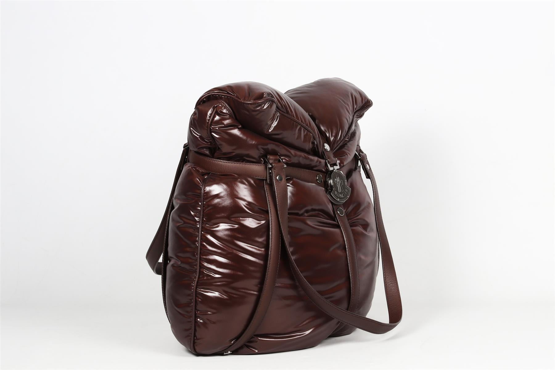 MONCLER BROWN LEATHER AND PADDED DOWN SHELL SHOULDER BAG