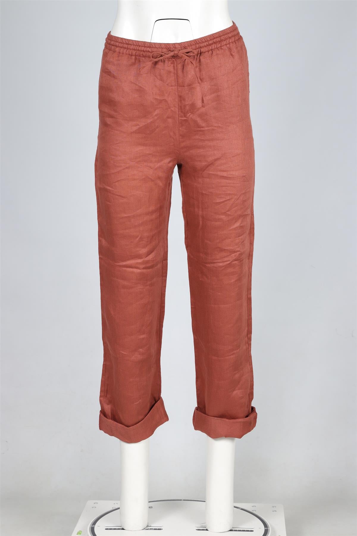 ASCENO TERRACOTTA LINEN STRAIGHT LEG PANTS XSMALL