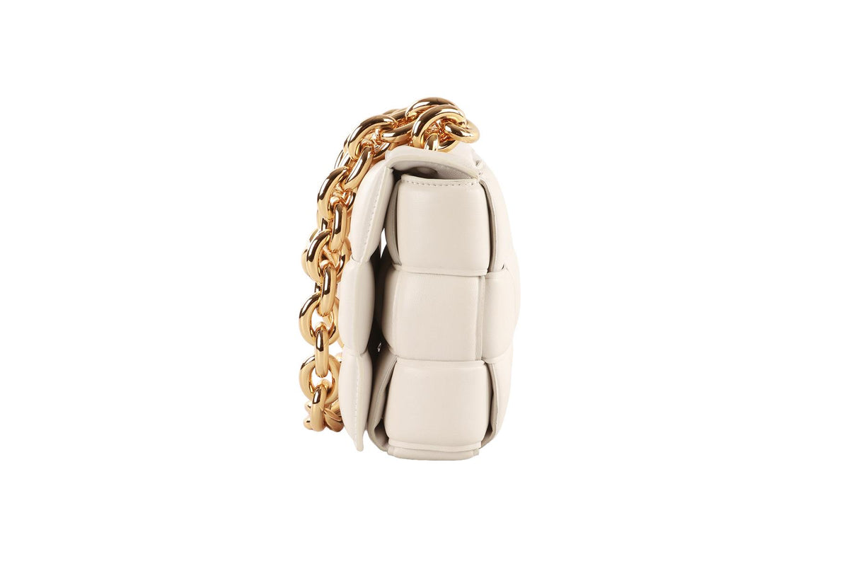 WHITE THE CHAIN CASSETTE INTRECCIATO LEATHER SHOULDER BAG