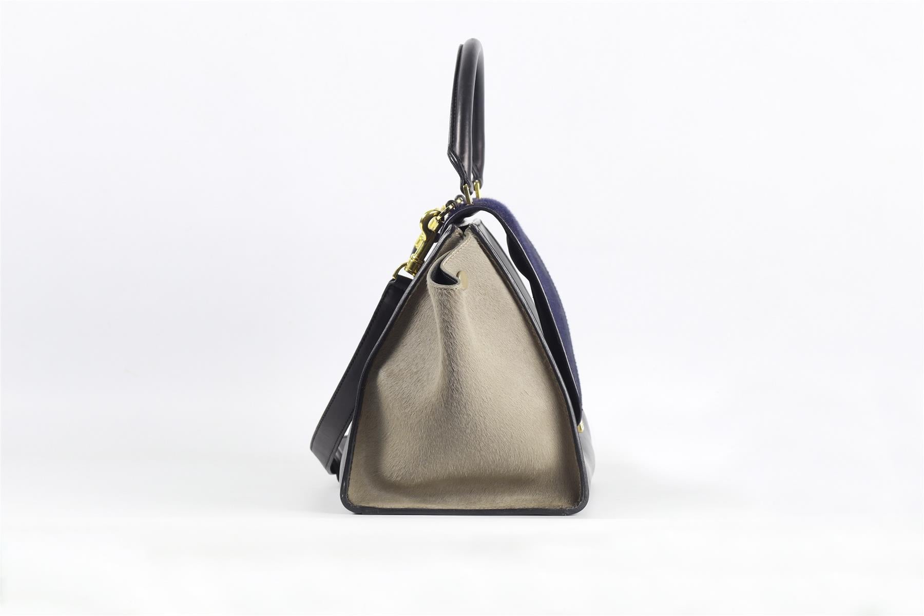 CELINE NAVY TRAPEZE MEDIUM CALF HAIR AND LEATHER TOTE BAG