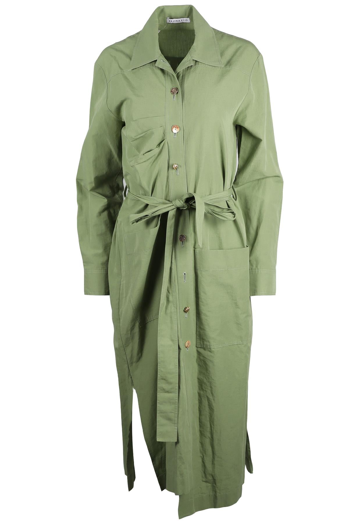 REJINA PYO GREEN LINEN AND COTTON BLEND MIDI DRESS SMALL