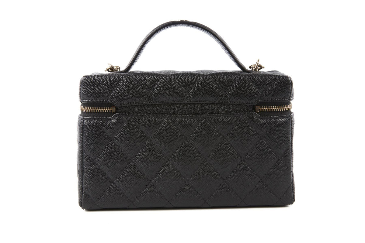 CHANEL BLACK 2025 VANITY CASE WITH CHAIN QUILTED CAVIAR LEATHER SHOULDER BAG