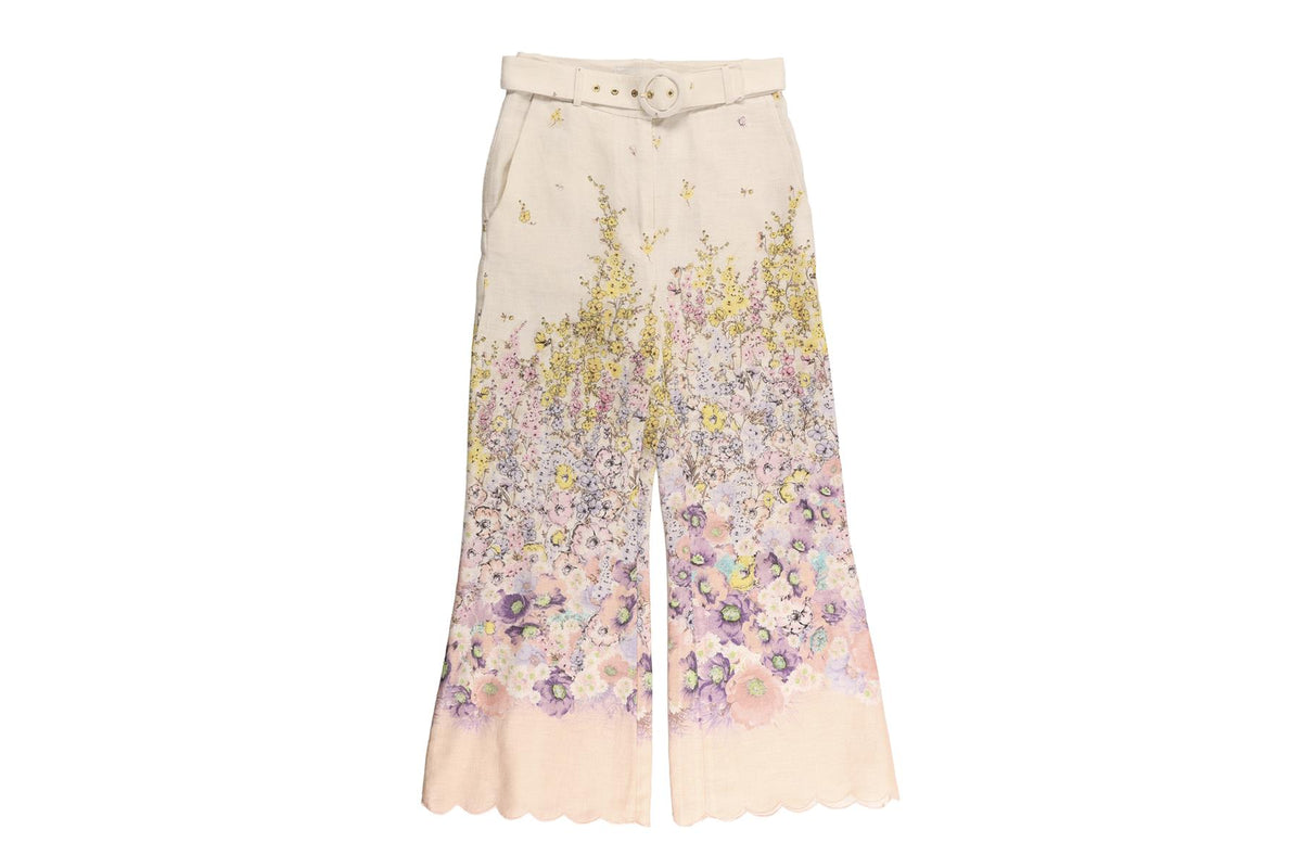 ZIMMERMANN MULTI WHITE LINEN FLARED PANTS UK 8