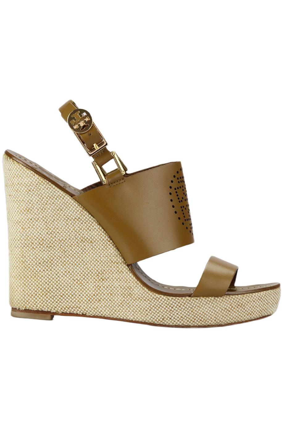 TORY BURCH LEATHER AND CANVAS WEDGE SANDALS EU 39.5 UK 6.5 US 9.5
