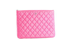 CHANEL PINK 2014 O-CASE MEDIUM QUILTED CAVIAR LEATHER CLUTCH