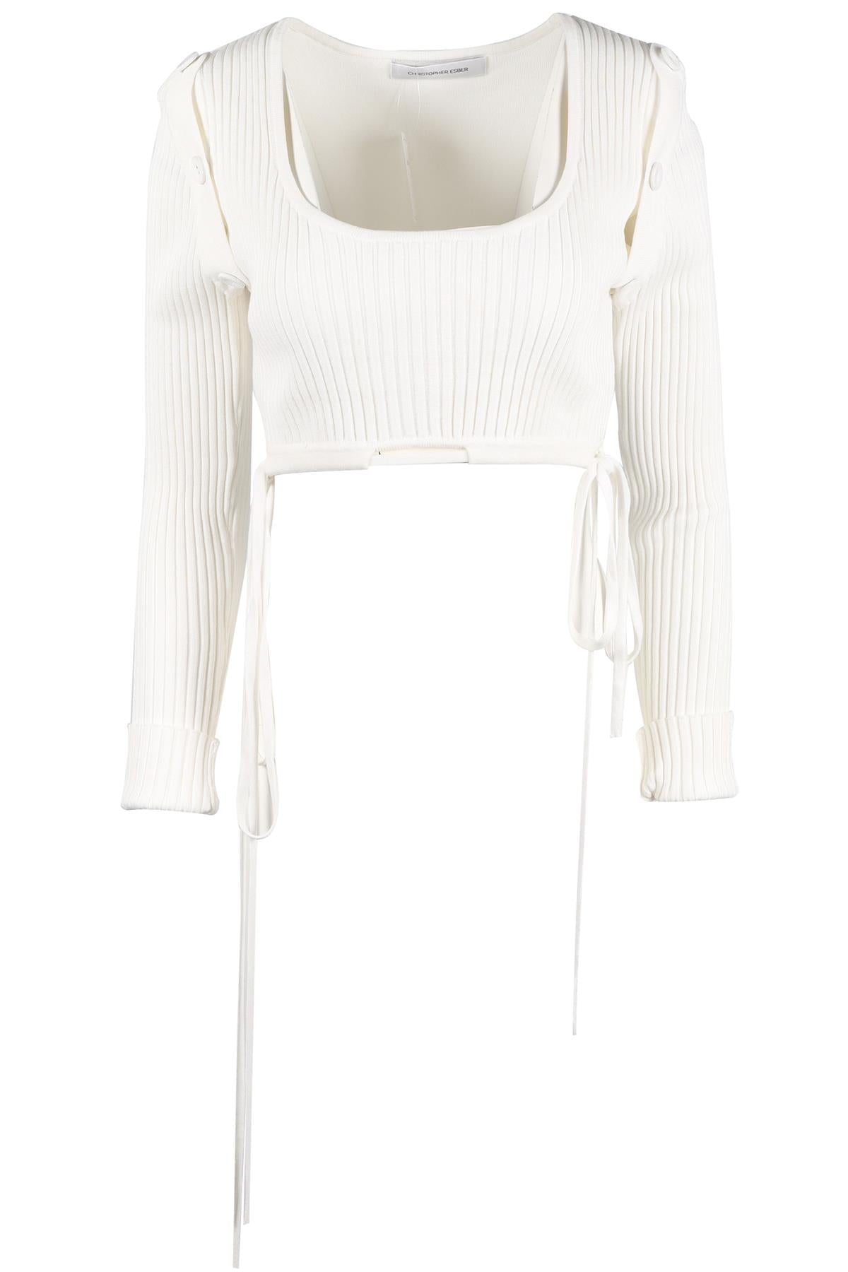 CHRISTOPHER ESBER WHITE CROPPED KNIT TOP XSMALL