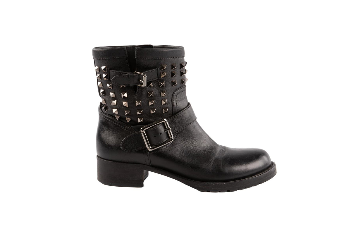 VALENTINO GARAVANI BLACK ROCKSTUD LEATHER ANKLE BOOTS EU 39
