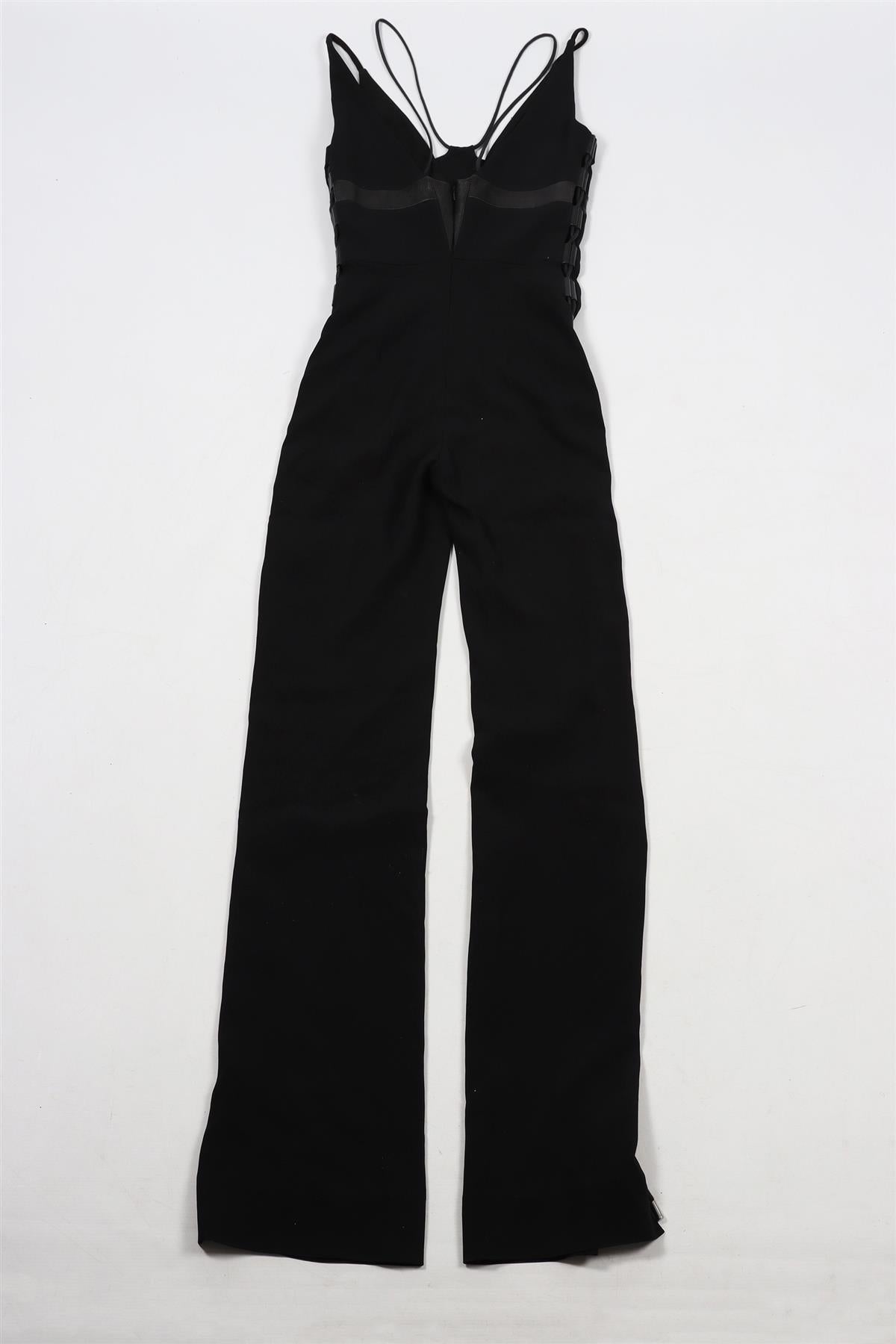 DAVID KOMA BLACK CREPE AND LEATHER JUMPSUIT UK 8