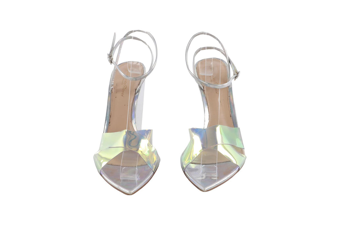 GIANVITO ROSSI SILVER PVC AND LEATHER SANDALS EU 39.5 UK 6.5 US 9.5