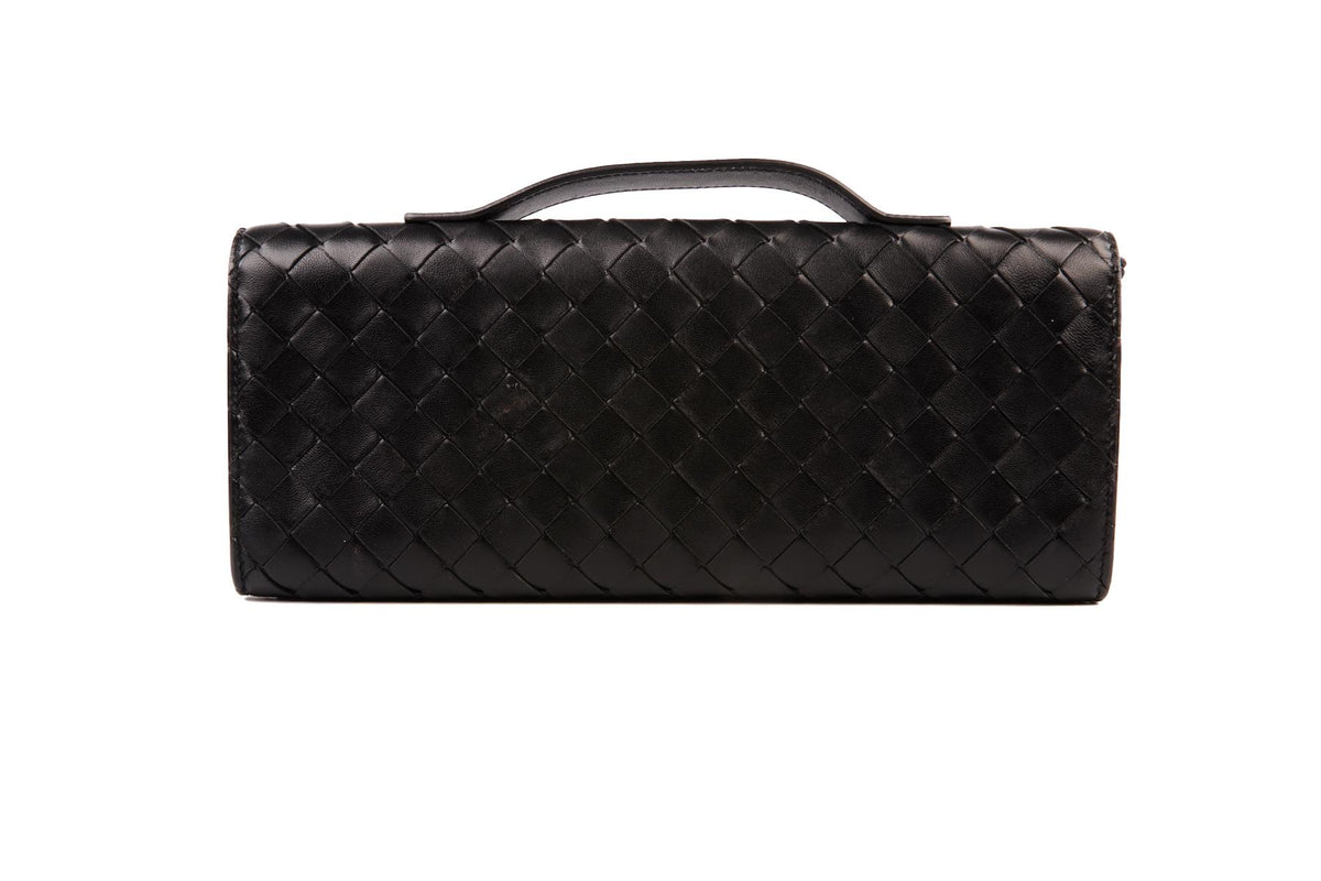 BOTTEGA VENETA BLACK ANDIAMO LONG INTRECCIATO LEATHER CLUTCH