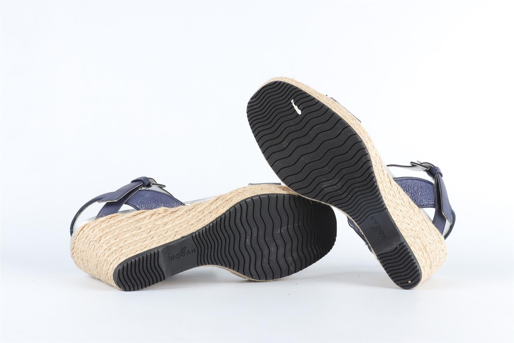 HOGAN NAVY LEATHER WEDGE SANDALS EU 38 UK 5 US 8