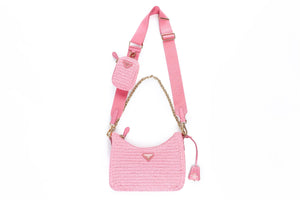 PRADA PINK RE-EDITION 2005 SMALL RAFFIA SHOULDER BAG
