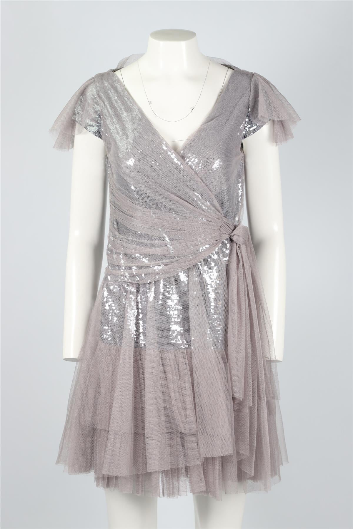 DIANE VON FURSTENBERG GREY SEQUIN AND TULLE MINI DRESS US 2 UK 6