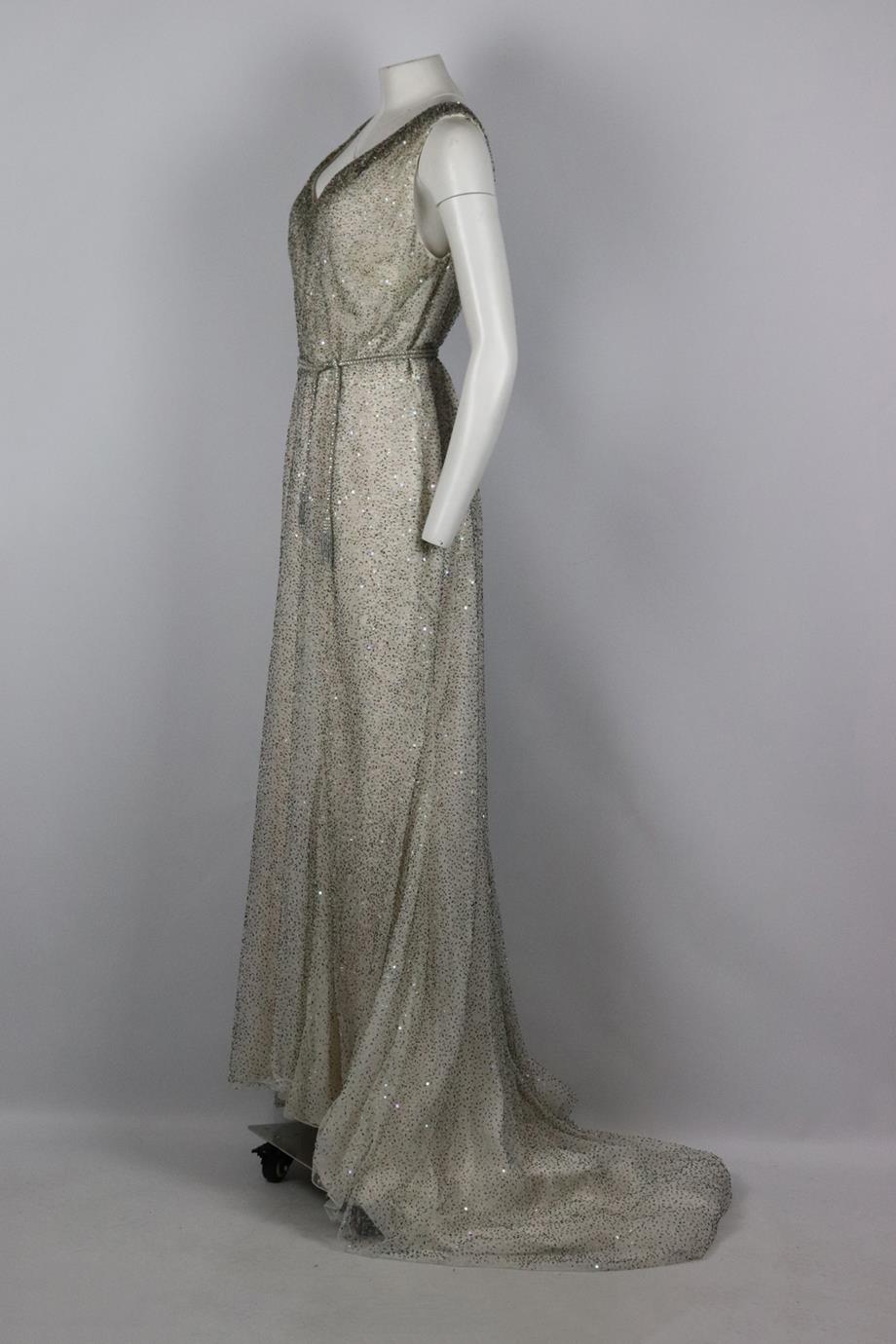 DENNIS BASSO BELTED BEAD EMBELLISHED TULLE AND SILK GOWN UK 18
