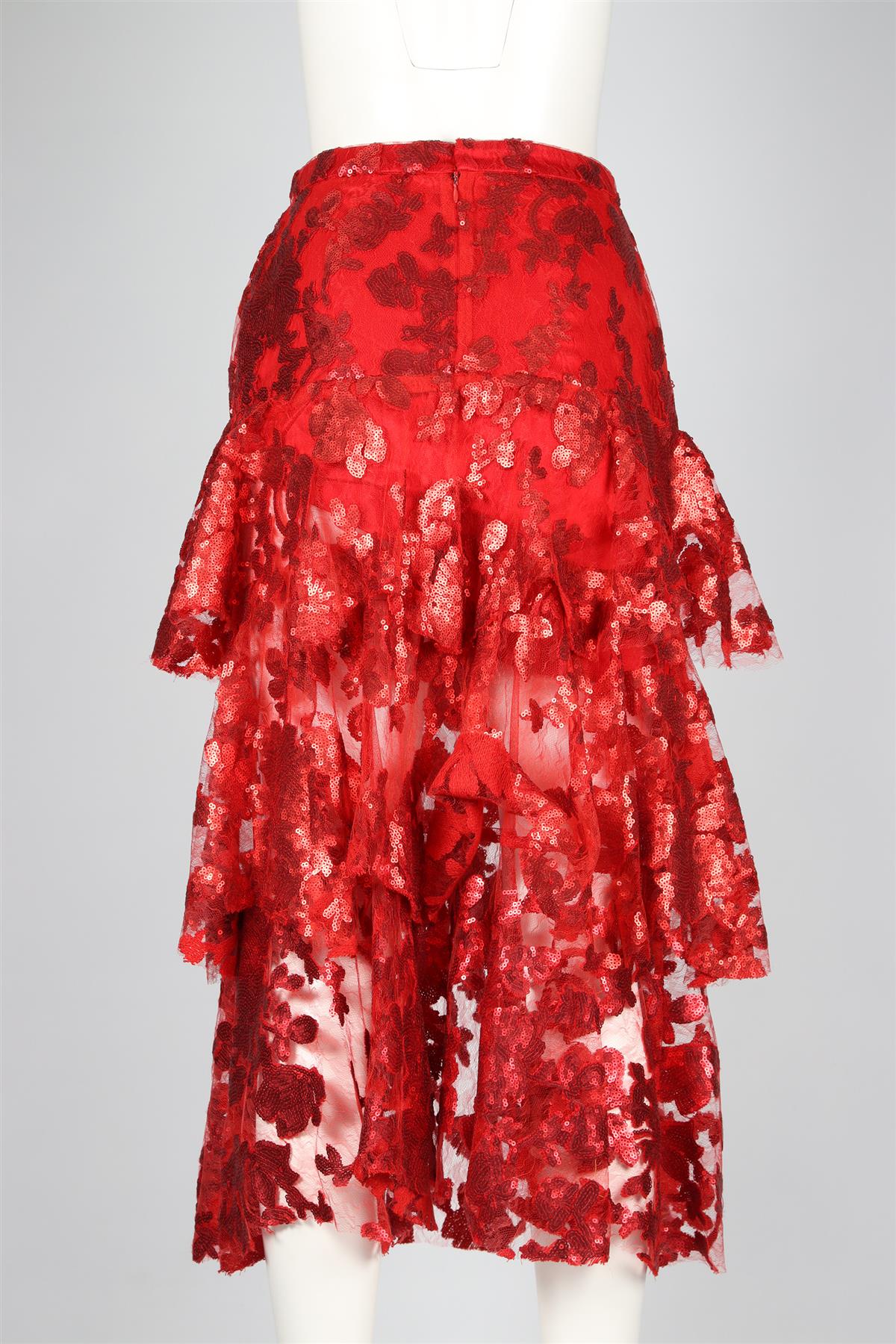 RODARTE RED SEQUIN AND LACE MIDI SKIRT US 6 UK 10