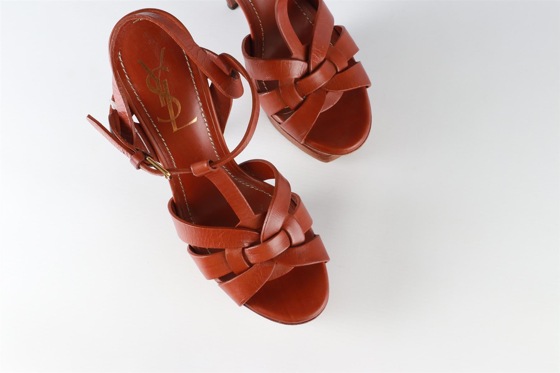 YVES SAINT LAURENT BROWN TRIBUTE LEATHER PLATFORM SANDALS EU 38 UK 5 US 8