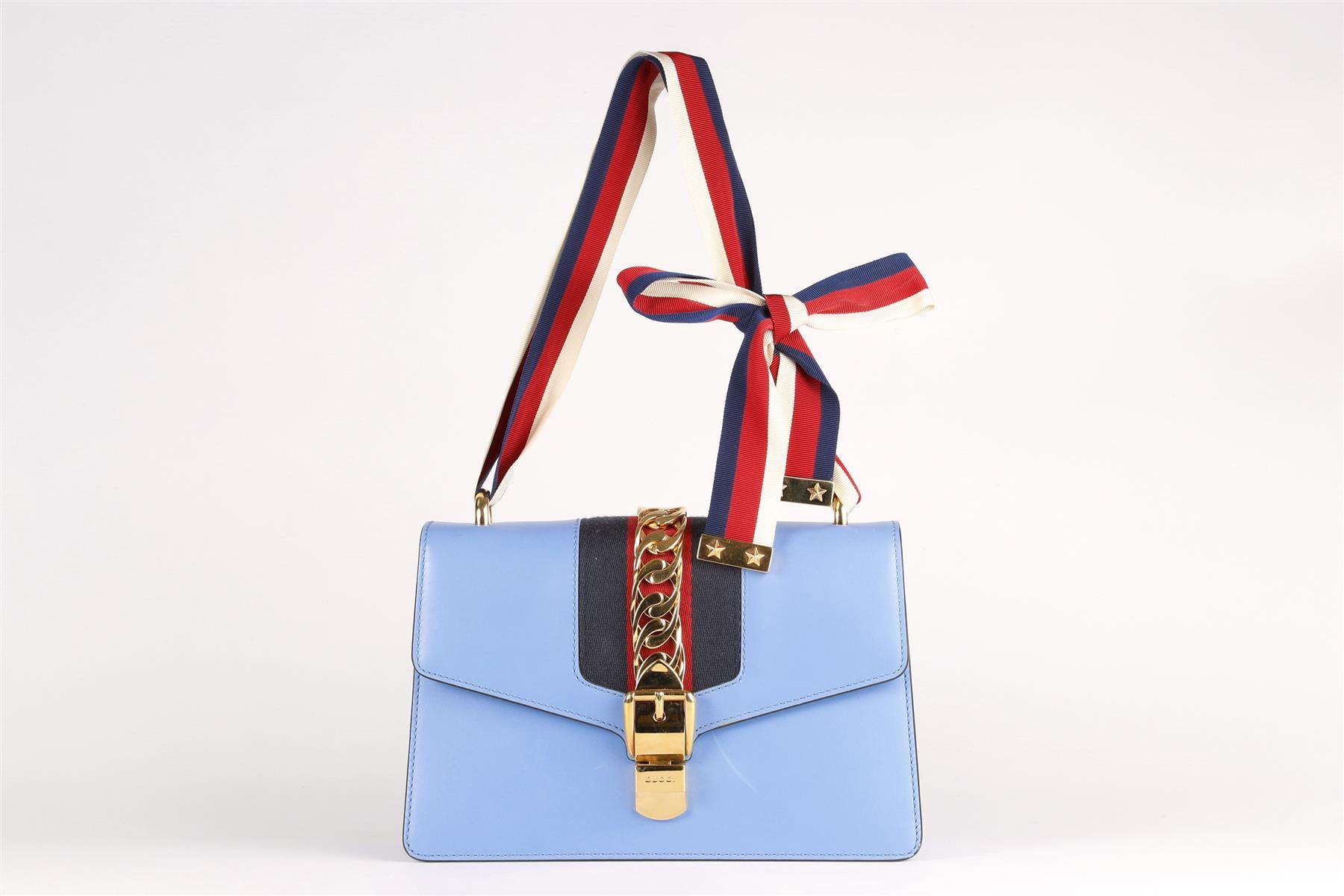 GUCCI BLUE SYLVIE SMALL LEATHER SHOULDER BAG