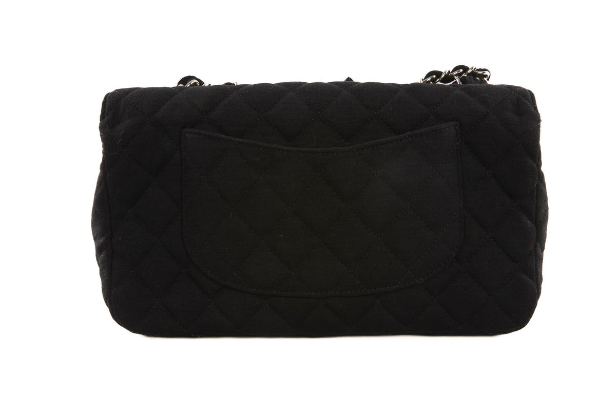 CHANEL BLACK FABRIC FLOWER EMBELLISHED MEDIUM SINGLE FLAP SHOULDER BAG